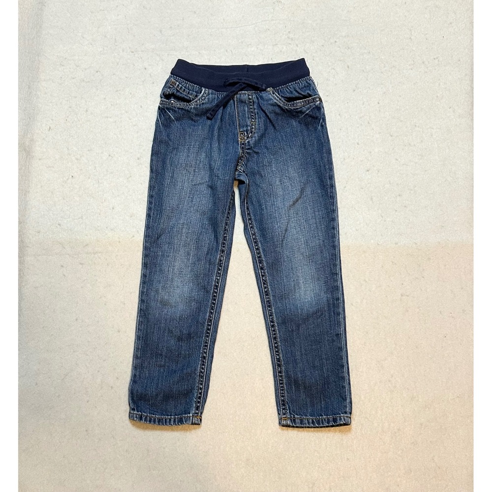 Carters Boys 5 Blue Denim Pull On Jeans Ribbed Waist Drawstring Straight Leg
